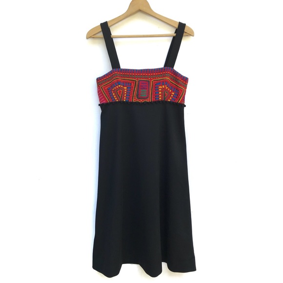 Vtg 70s Colorful Mola Tribal Pom Pom Dress - Picture 2 of 8